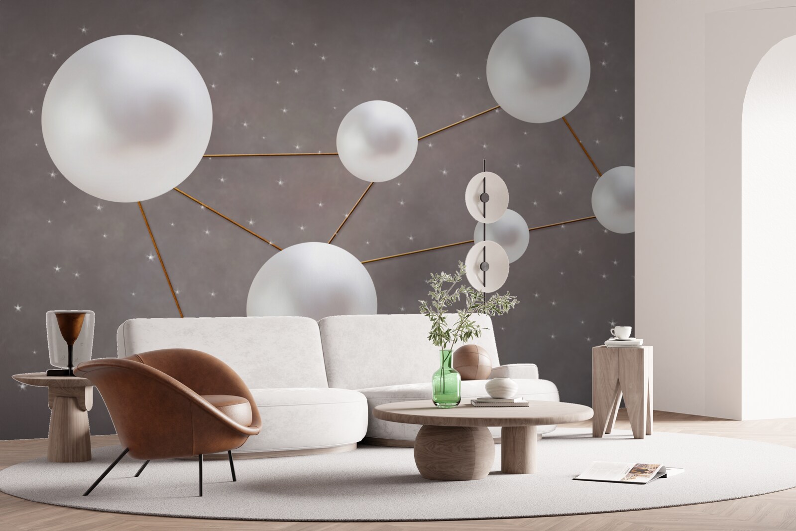 Fototapeta białe kulki ozdobione złotymi liniami są rozrzucone na szarym tle