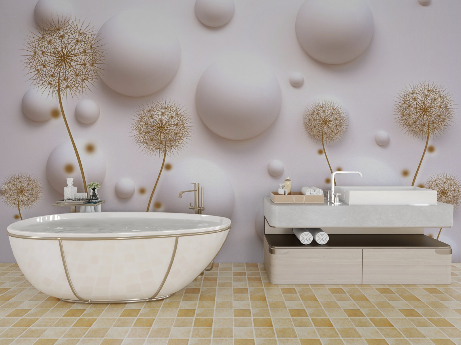 Fototapeta Śnieżnobiałe perły w kształcie koła i złote mlecze