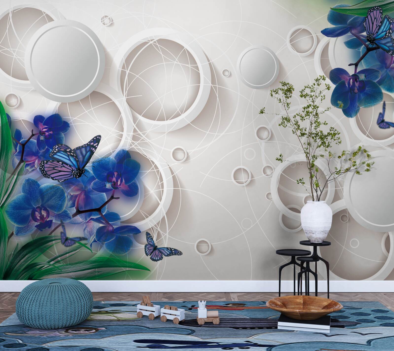 Fototapeta geometryczne tło ozdobione jest niebieskimi gałązkami orchidei