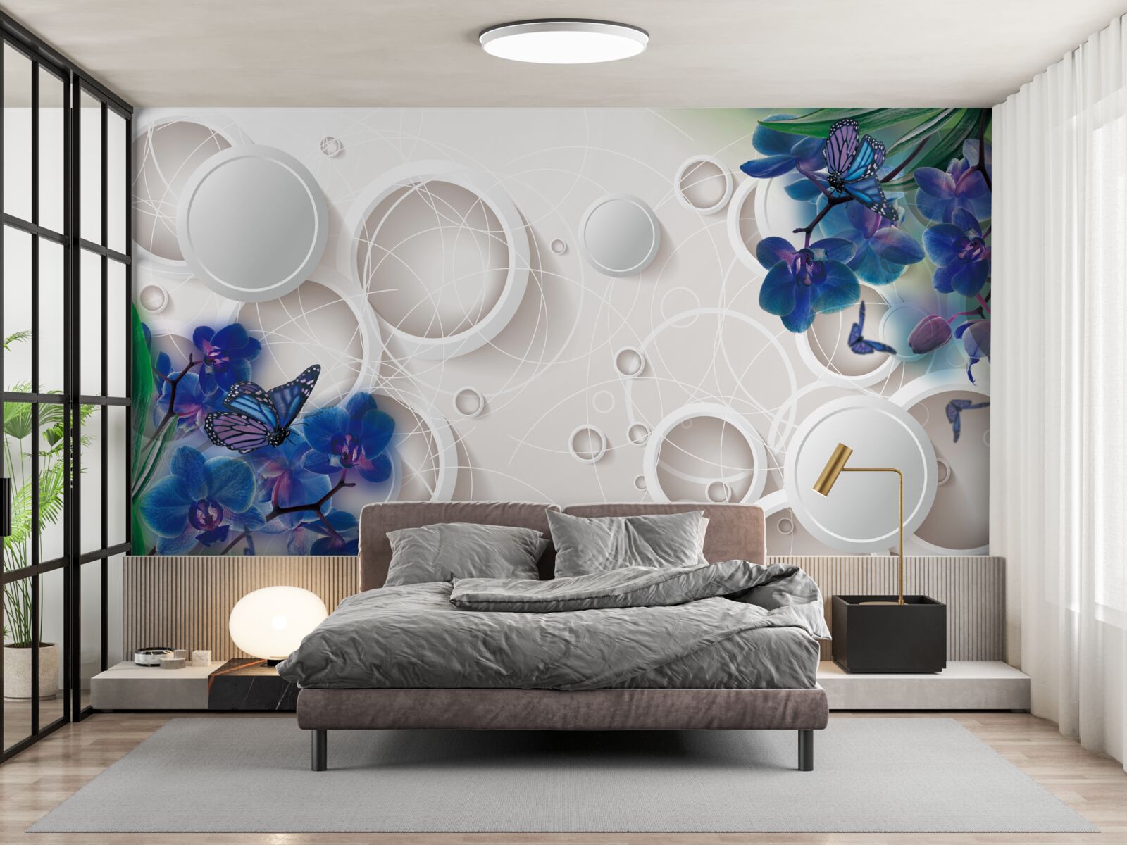 Fototapeta geometryczne tło ozdobione jest niebieskimi gałązkami orchidei