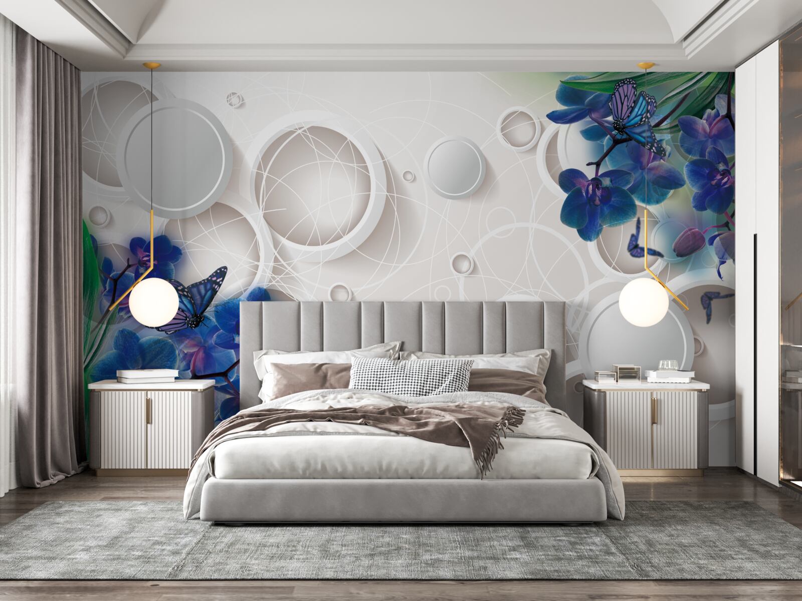 Fototapeta geometryczne tło ozdobione jest niebieskimi gałązkami orchidei