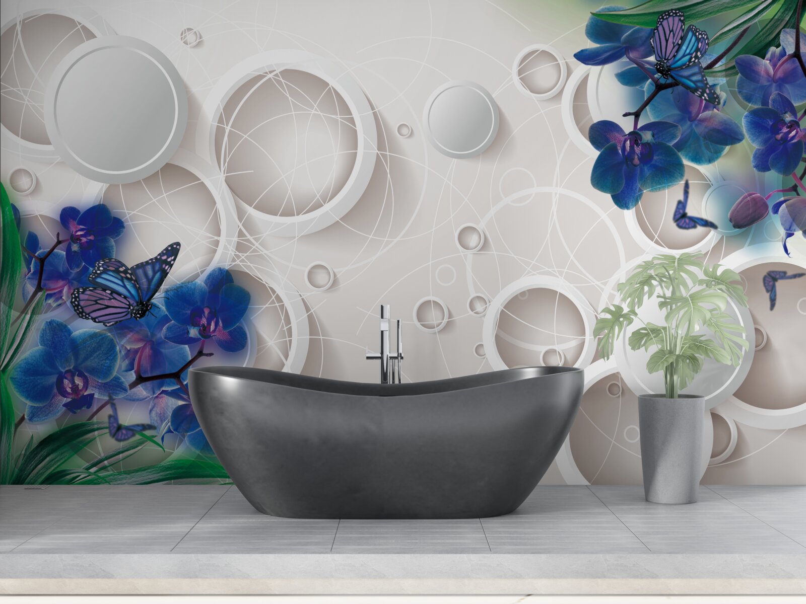 Fototapeta geometryczne tło ozdobione jest niebieskimi gałązkami orchidei