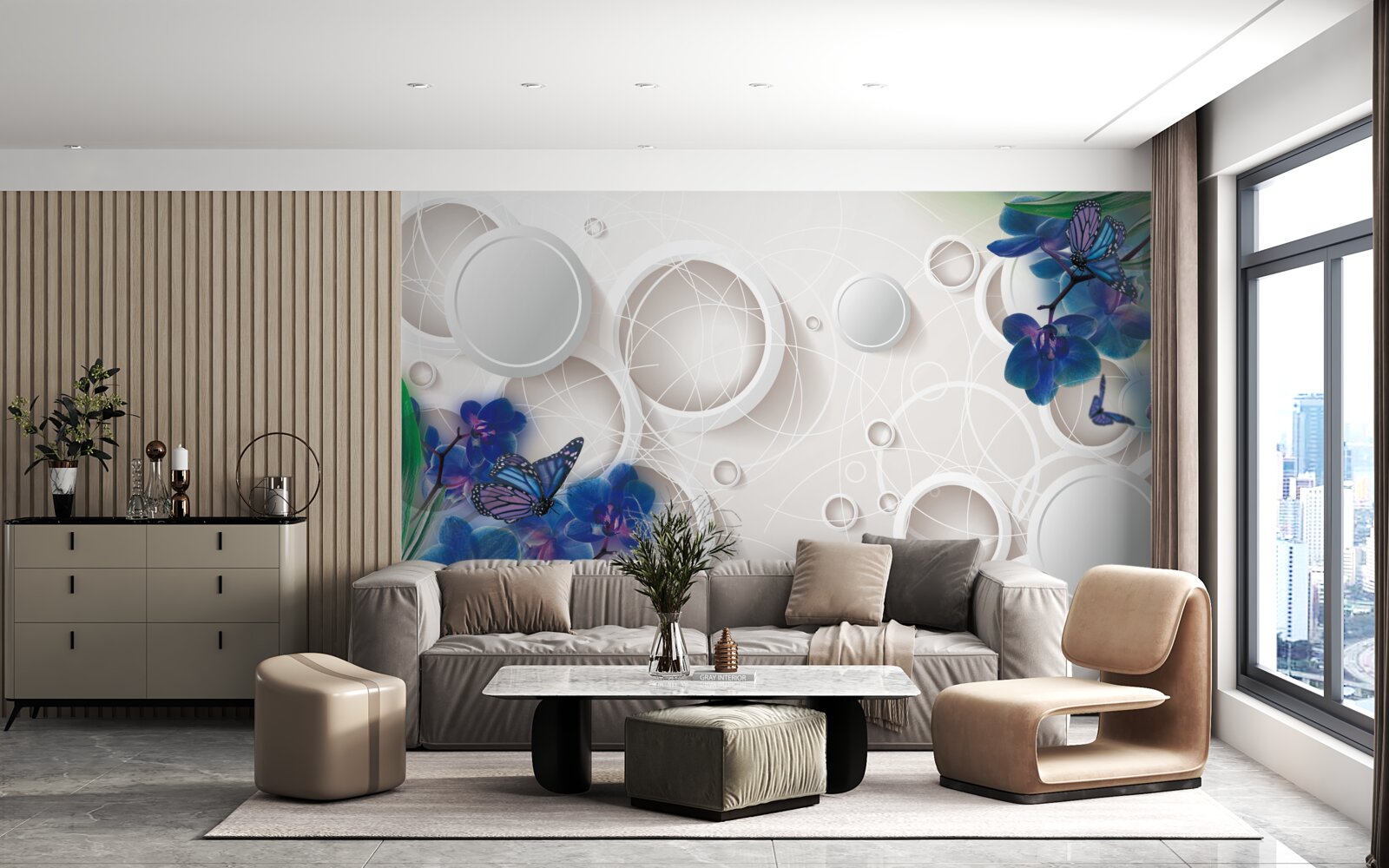 Fototapeta geometryczne tło ozdobione jest niebieskimi gałązkami orchidei