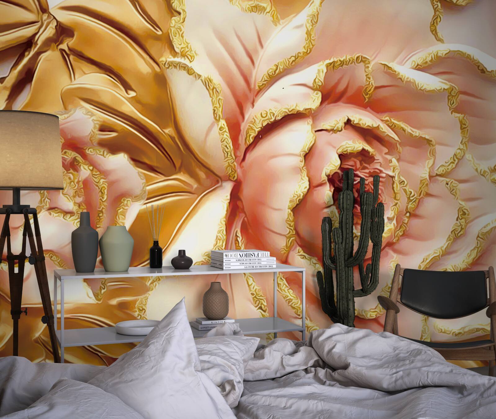 Fototapeta kwitnąca piwonia ze złotymi liśćmi