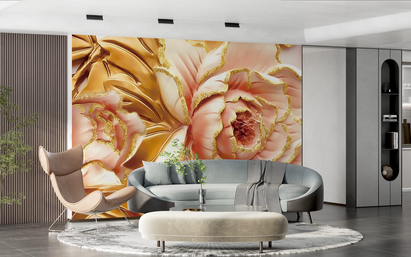 Fototapeta kwitnąca piwonia ze złotymi liśćmi