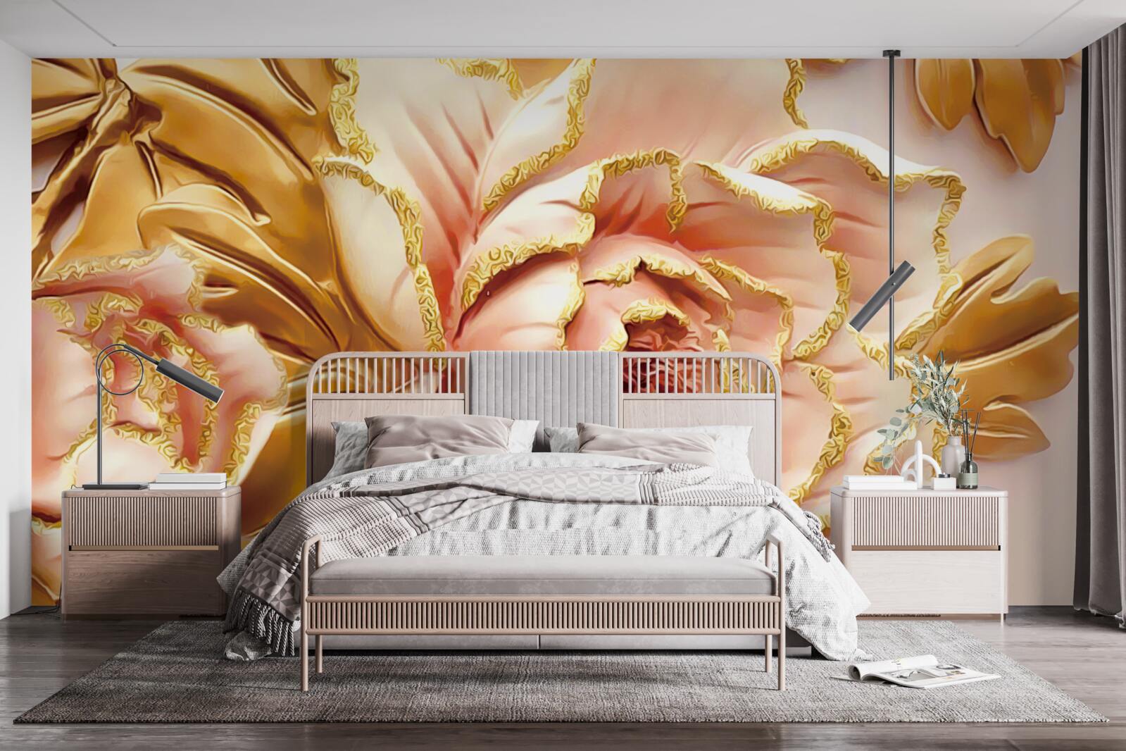 Fototapeta kwitnąca piwonia ze złotymi liśćmi