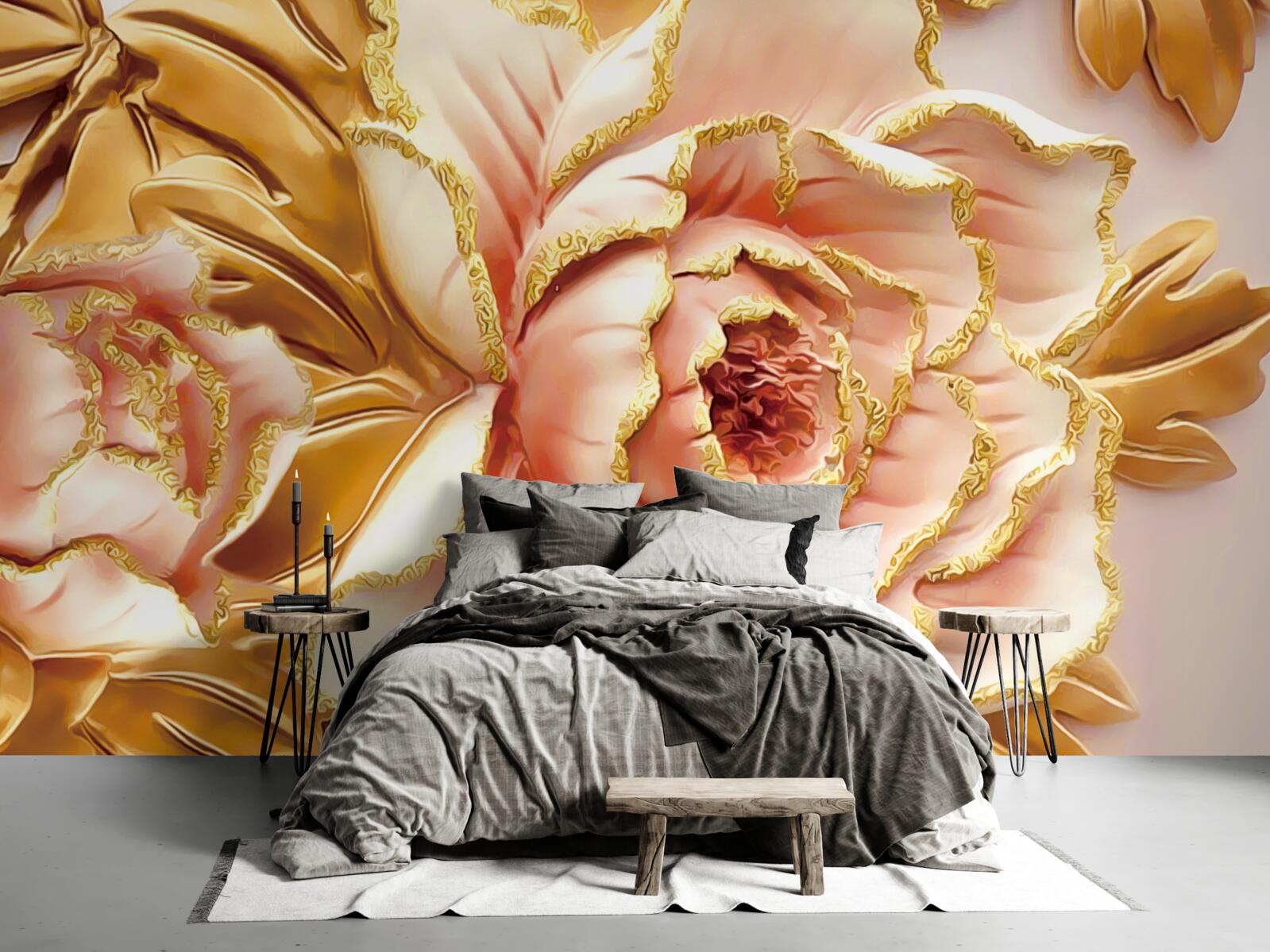 Fototapeta kwitnąca piwonia ze złotymi liśćmi