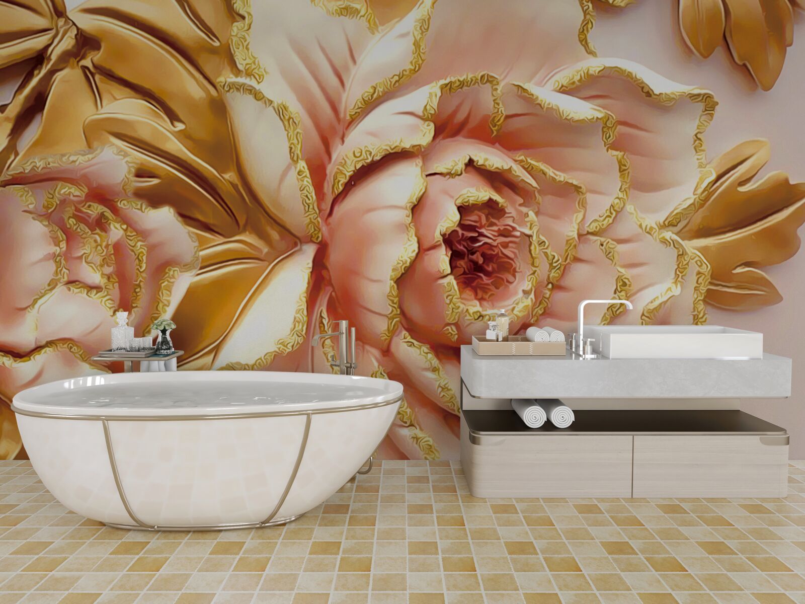 Fototapeta kwitnąca piwonia ze złotymi liśćmi