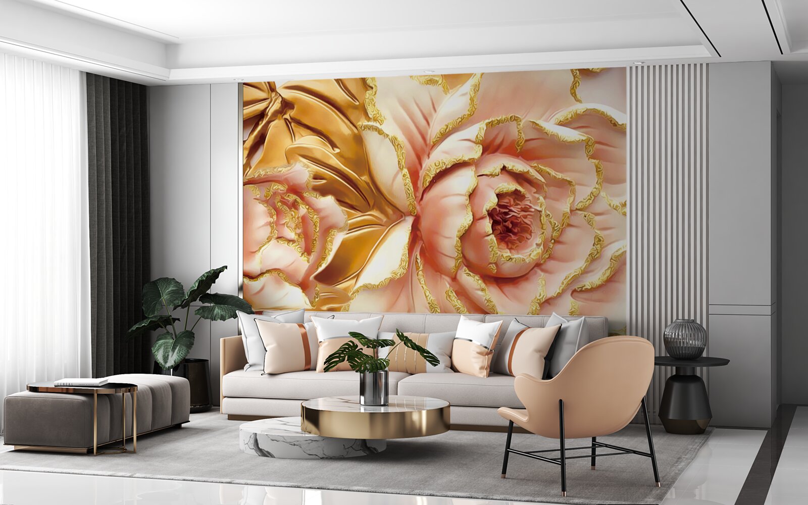 Fototapeta kwitnąca piwonia ze złotymi liśćmi