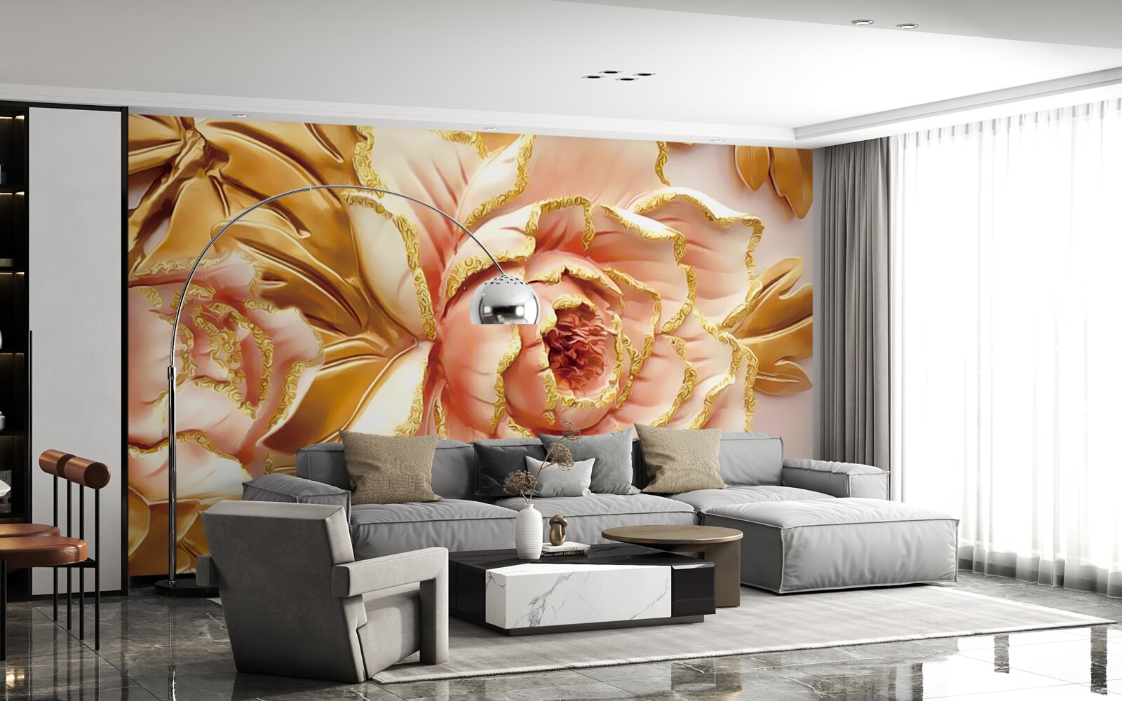 Fototapeta kwitnąca piwonia ze złotymi liśćmi