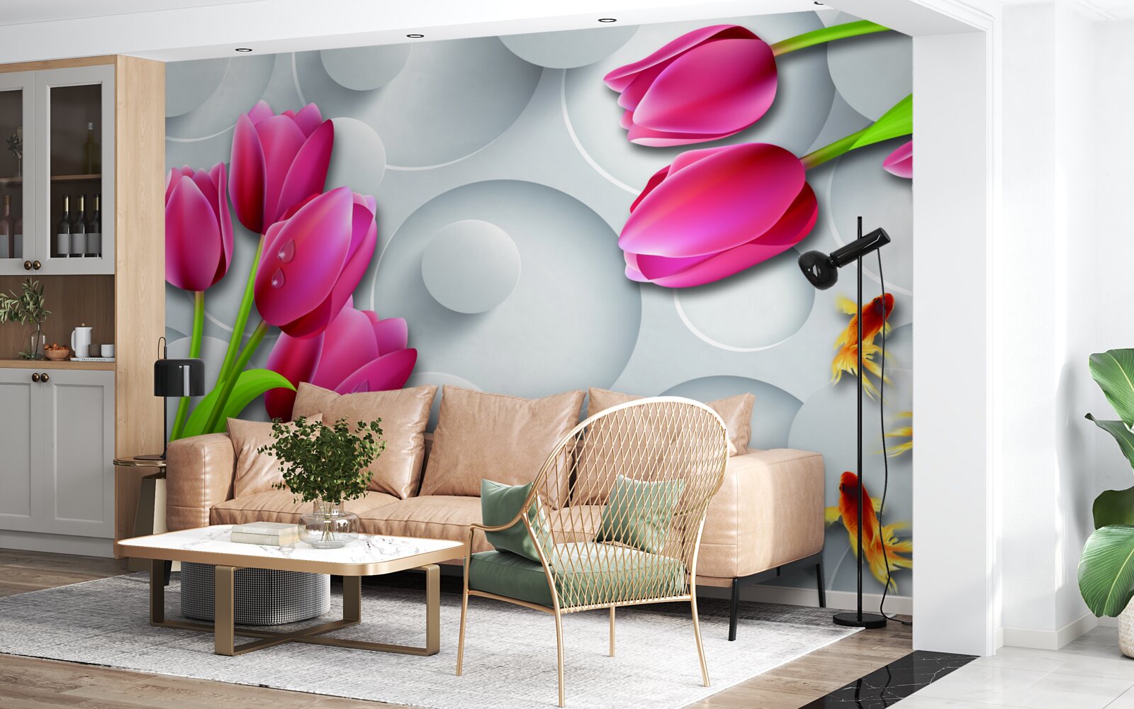 Fototapeta motyle i bukiety szkarłatnych tulipanów