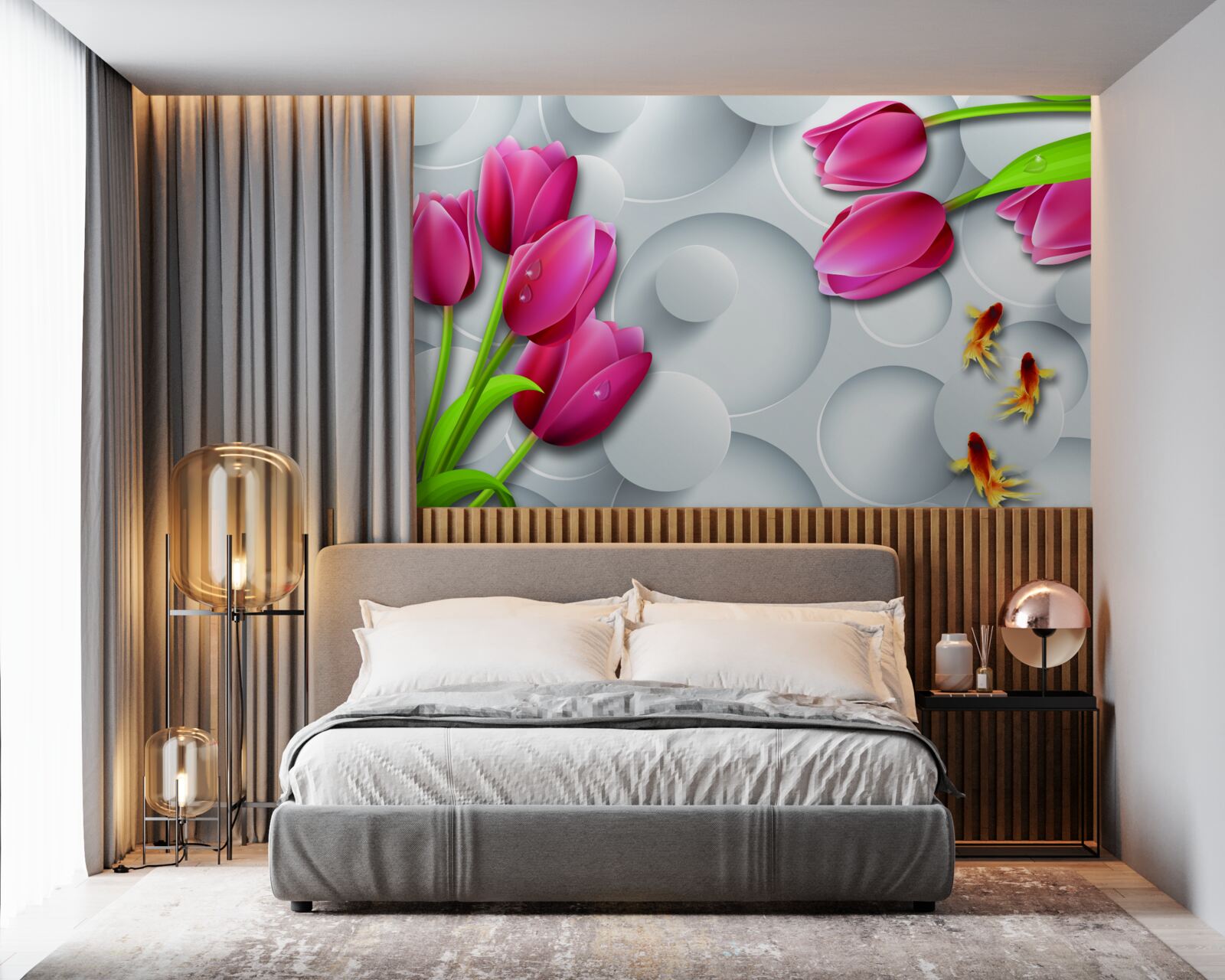 Fototapeta motyle i bukiety szkarłatnych tulipanów