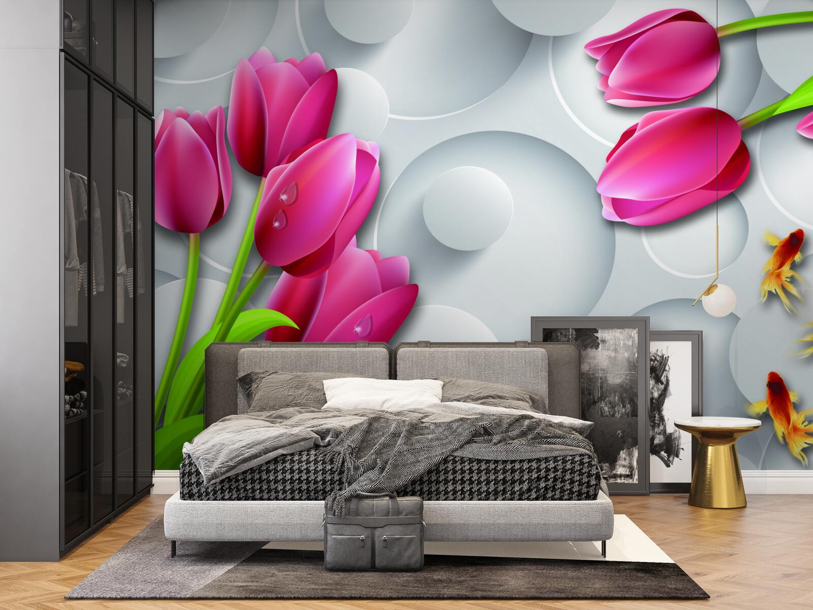 Fototapeta motyle i bukiety szkarłatnych tulipanów