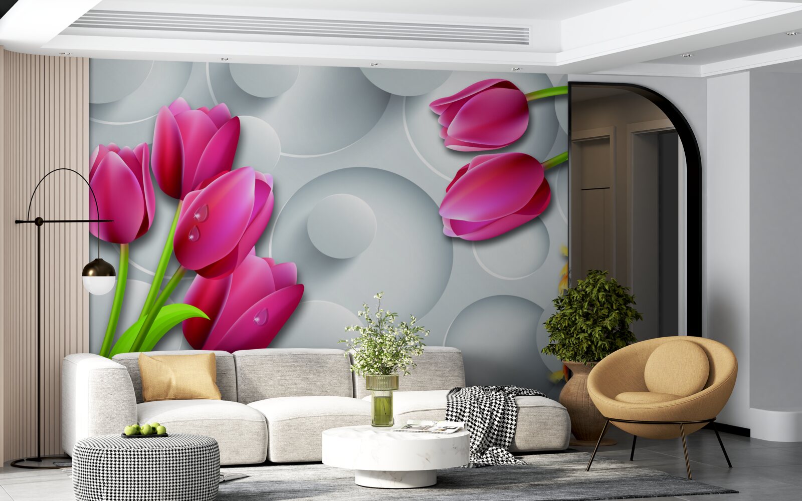 Fototapeta motyle i bukiety szkarłatnych tulipanów