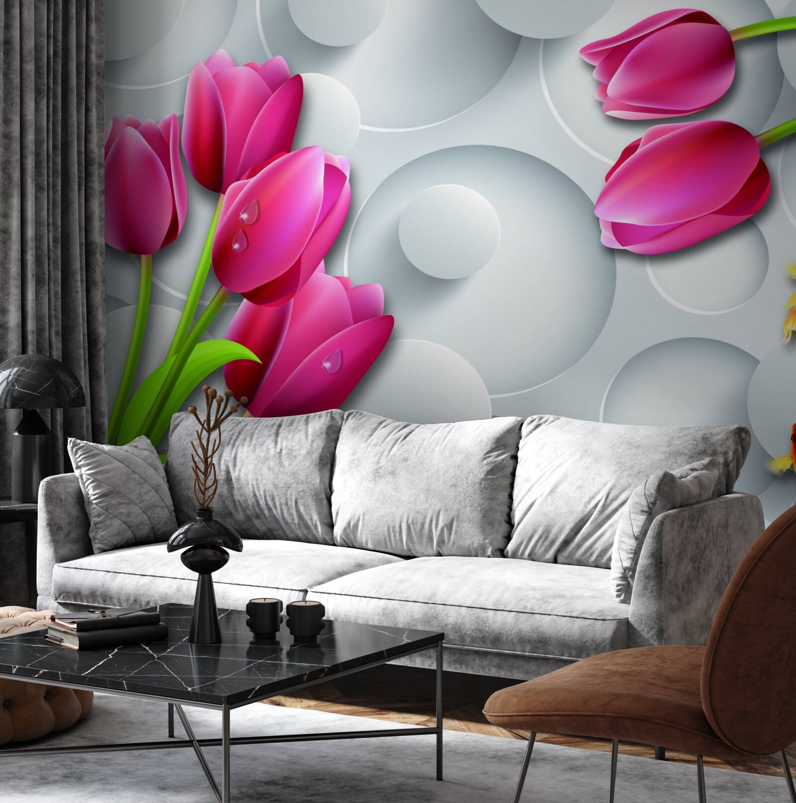 Fototapeta motyle i bukiety szkarłatnych tulipanów