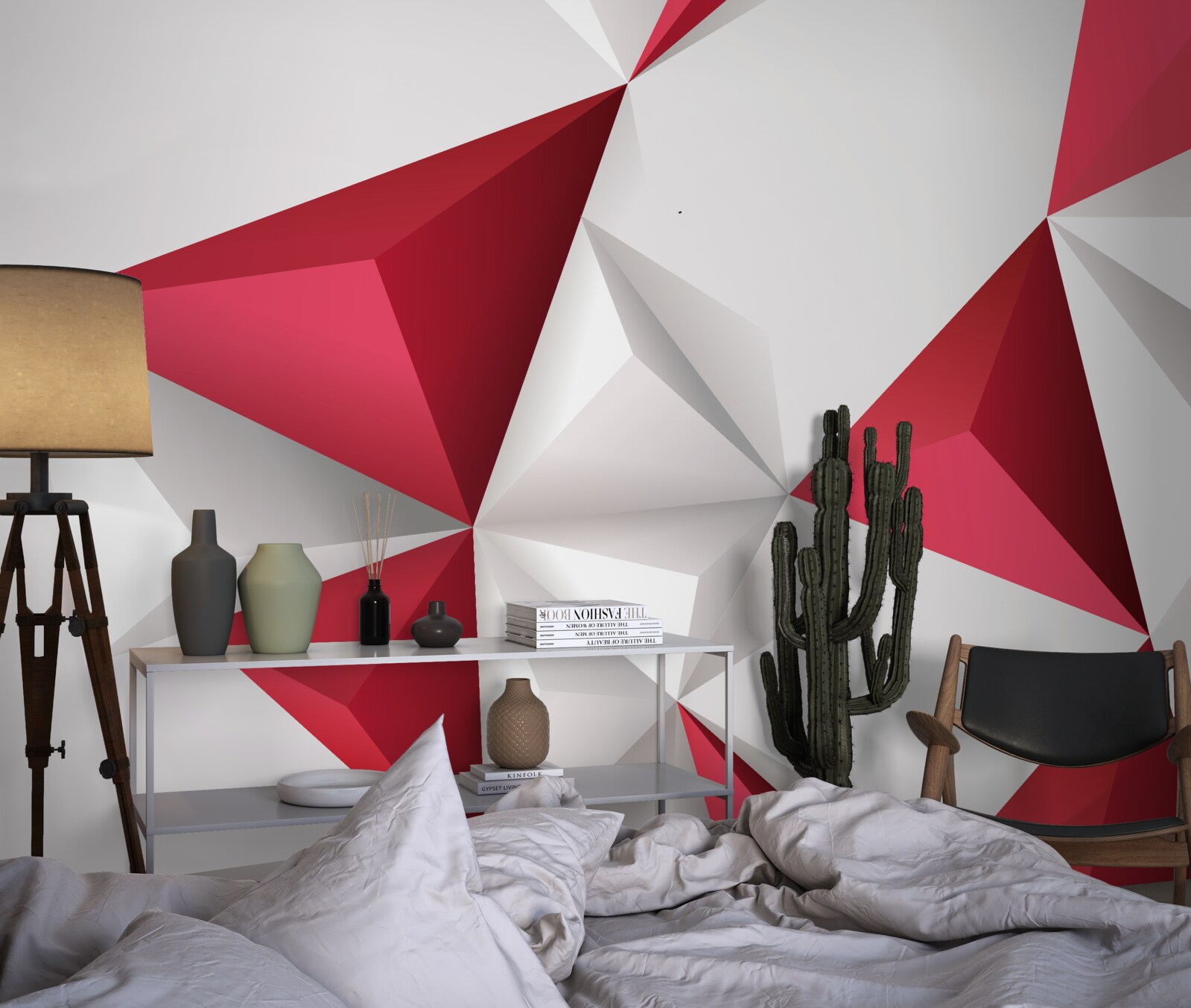 Fototapeta trójkąty w kolorach białym i czerwonym z objętością