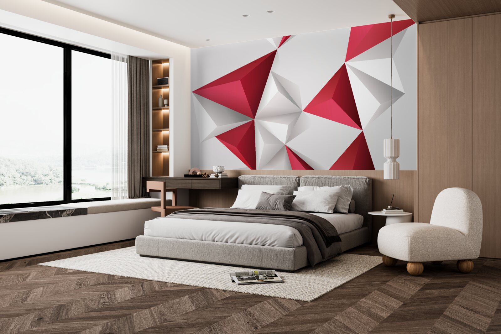 Fototapeta trójkąty w kolorach białym i czerwonym z objętością