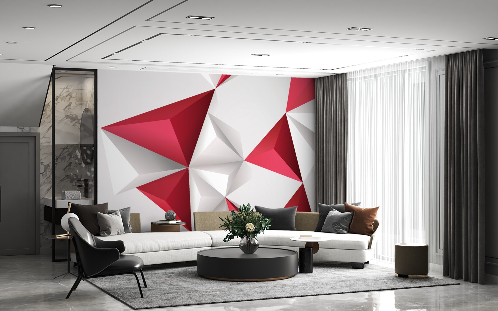 Fototapeta trójkąty w kolorach białym i czerwonym z objętością