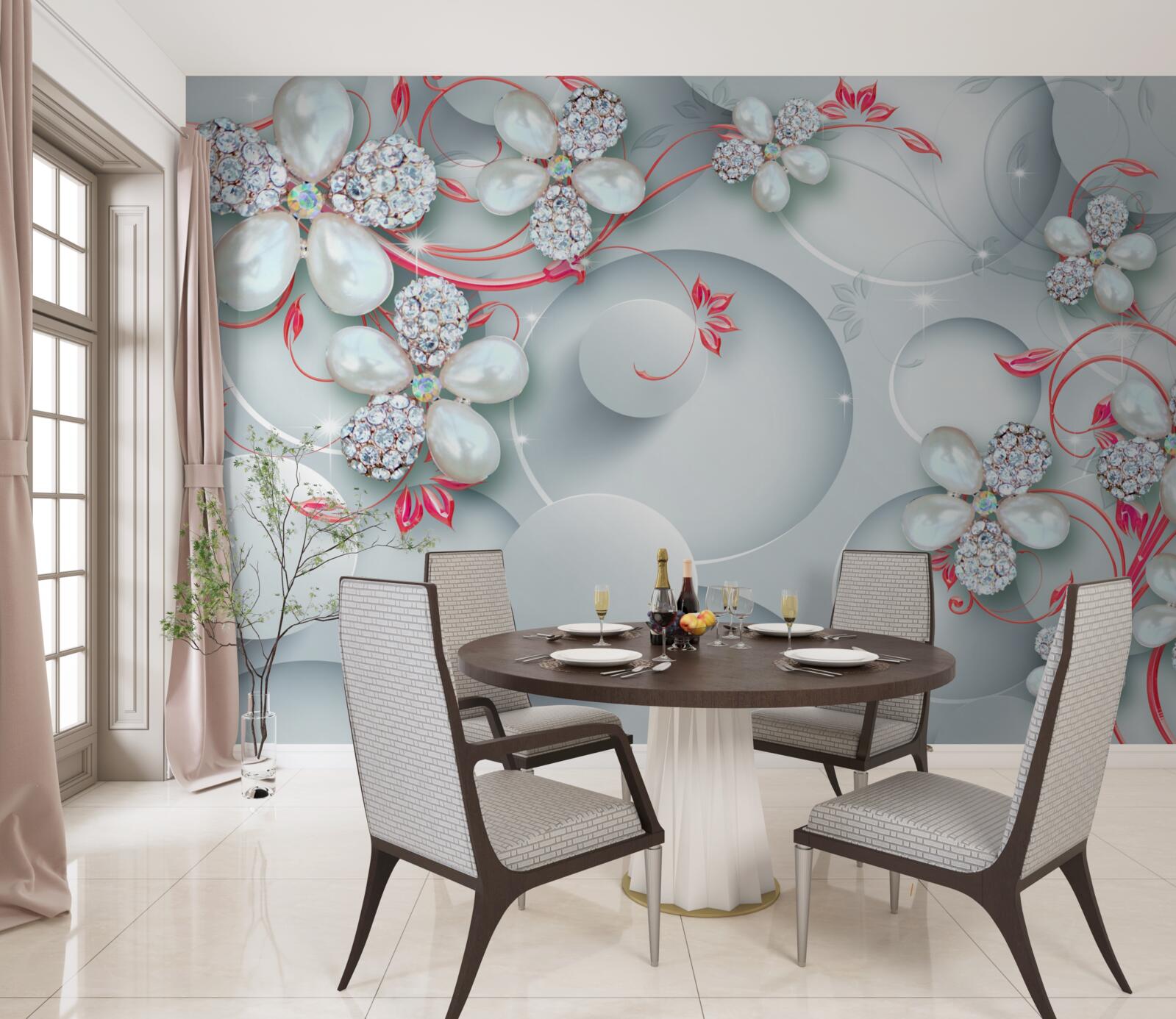 Fototapeta kwiaty w białych odcieniach z elementami pereł i dżetów