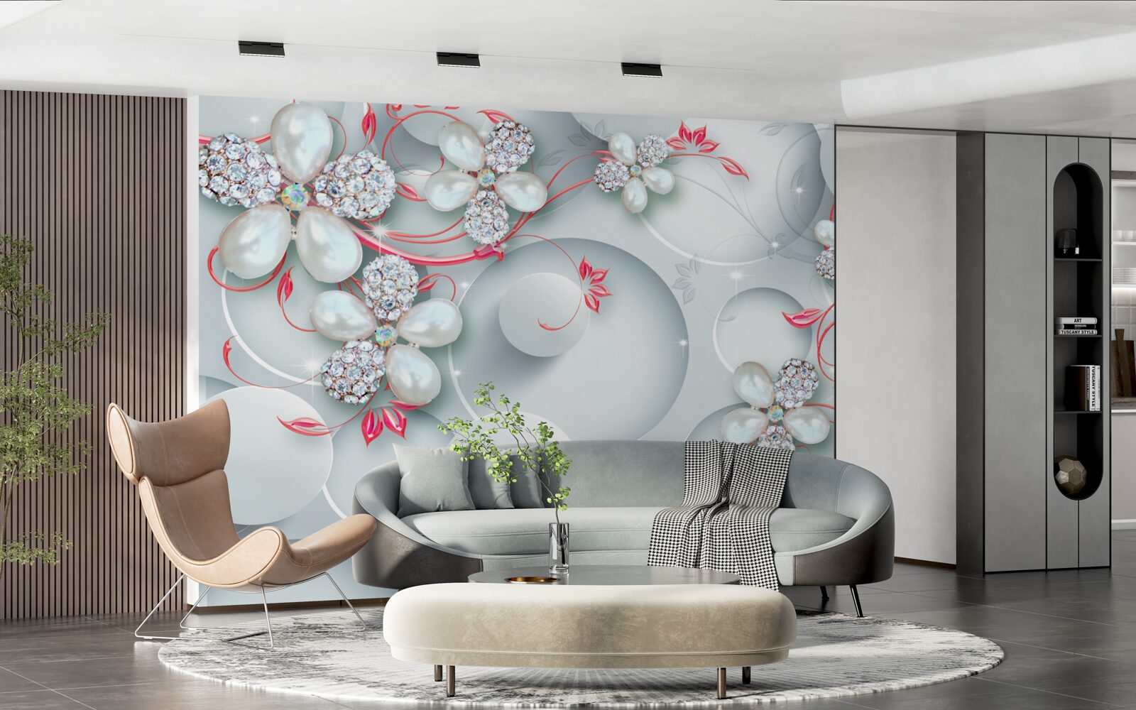 Fototapeta kwiaty w białych odcieniach z elementami pereł i dżetów