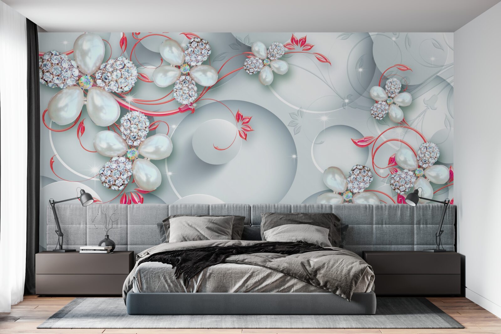 Fototapeta kwiaty w białych odcieniach z elementami pereł i dżetów