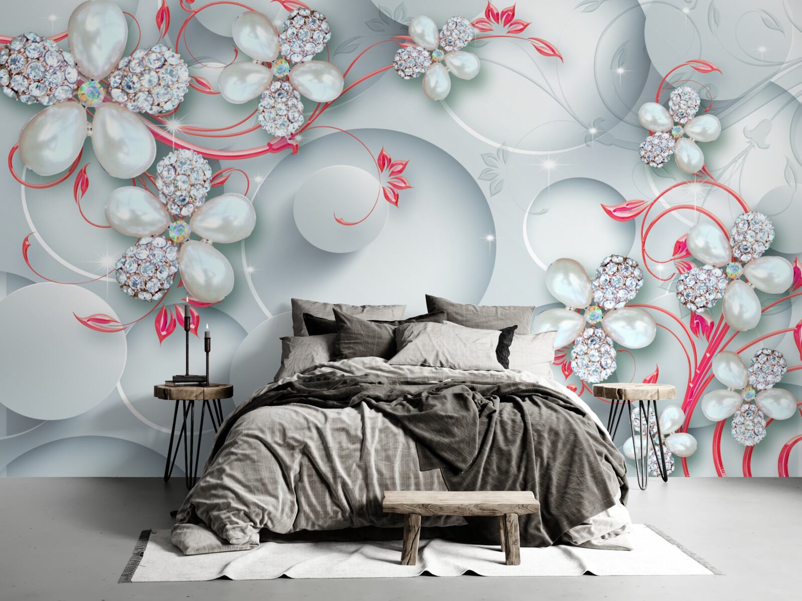 Fototapeta kwiaty w białych odcieniach z elementami pereł i dżetów