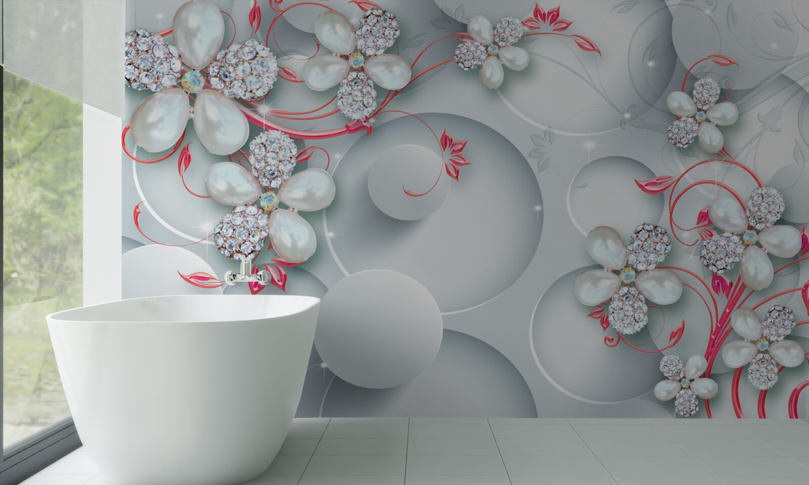 Fototapeta kwiaty w białych odcieniach z elementami pereł i dżetów