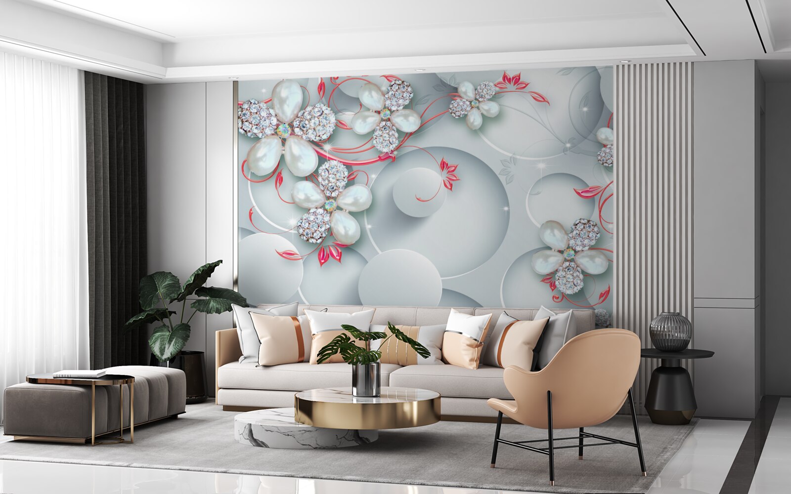 Fototapeta kwiaty w białych odcieniach z elementami pereł i dżetów