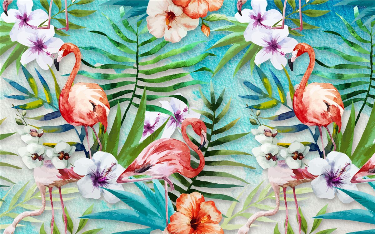 Fototapeta liście otaczają różowe flamingi