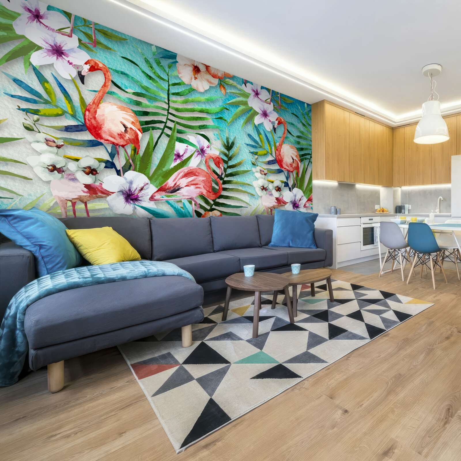 Fototapeta liście otaczają różowe flamingi