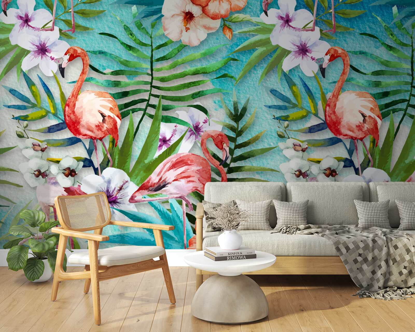 Fototapeta liście otaczają różowe flamingi