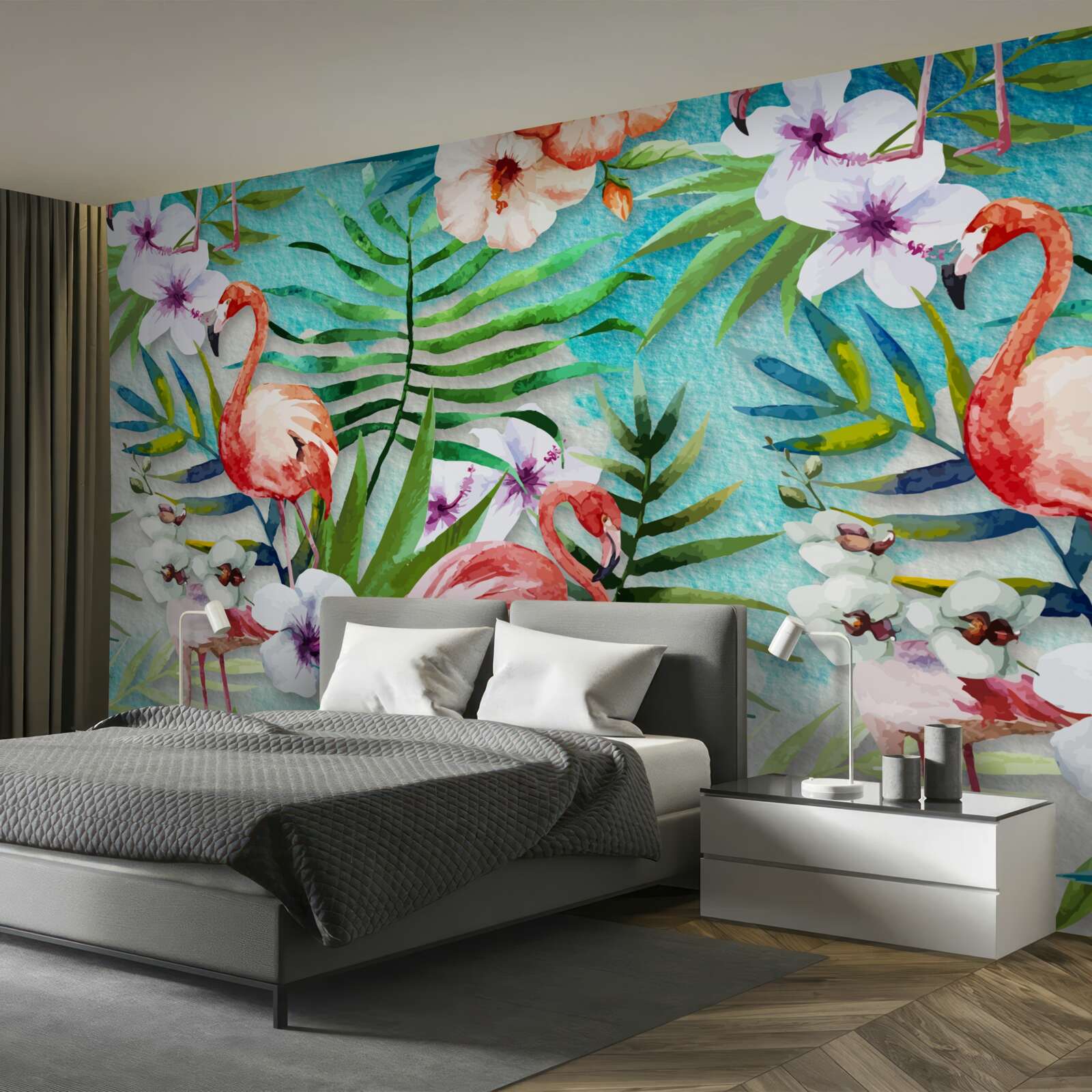 Fototapeta liście otaczają różowe flamingi