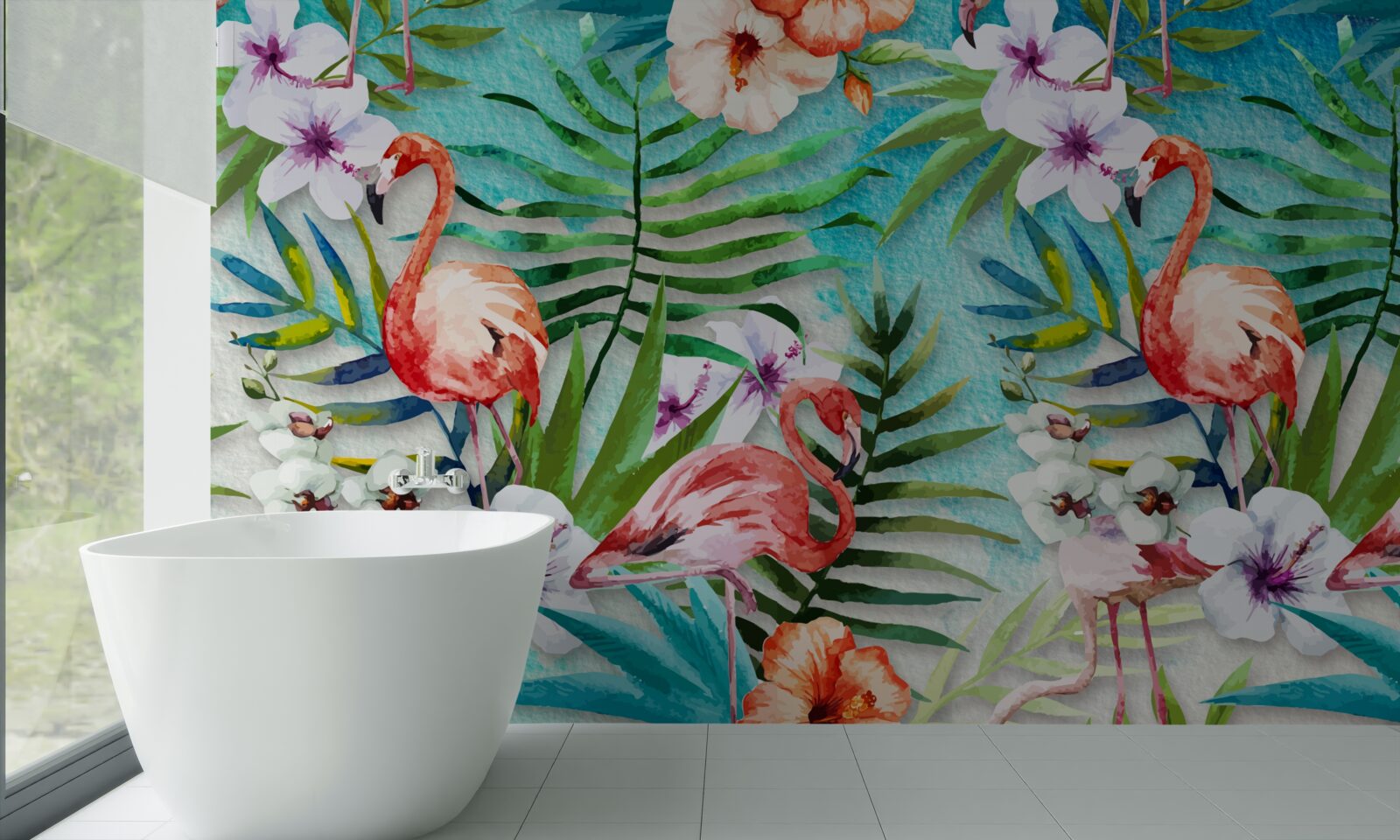 Fototapeta liście otaczają różowe flamingi