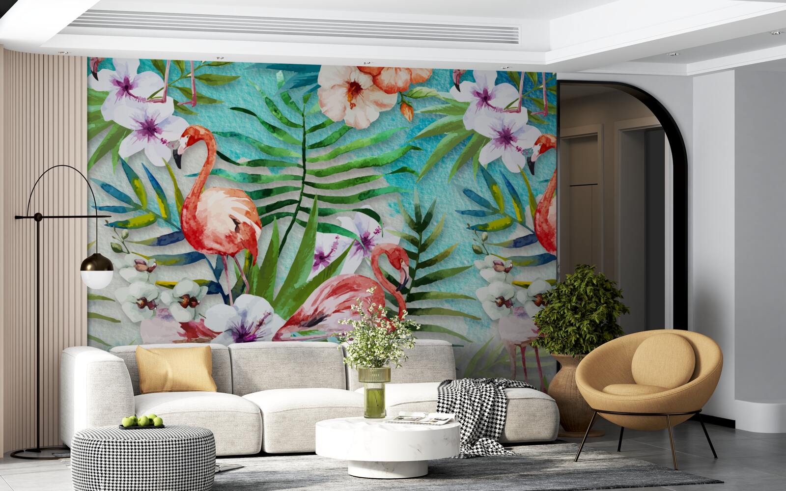 Fototapeta liście otaczają różowe flamingi