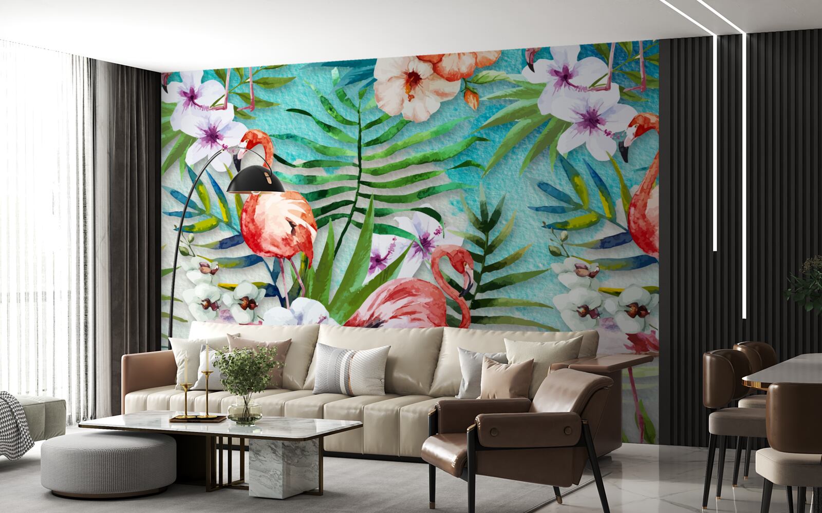 Fototapeta liście otaczają różowe flamingi