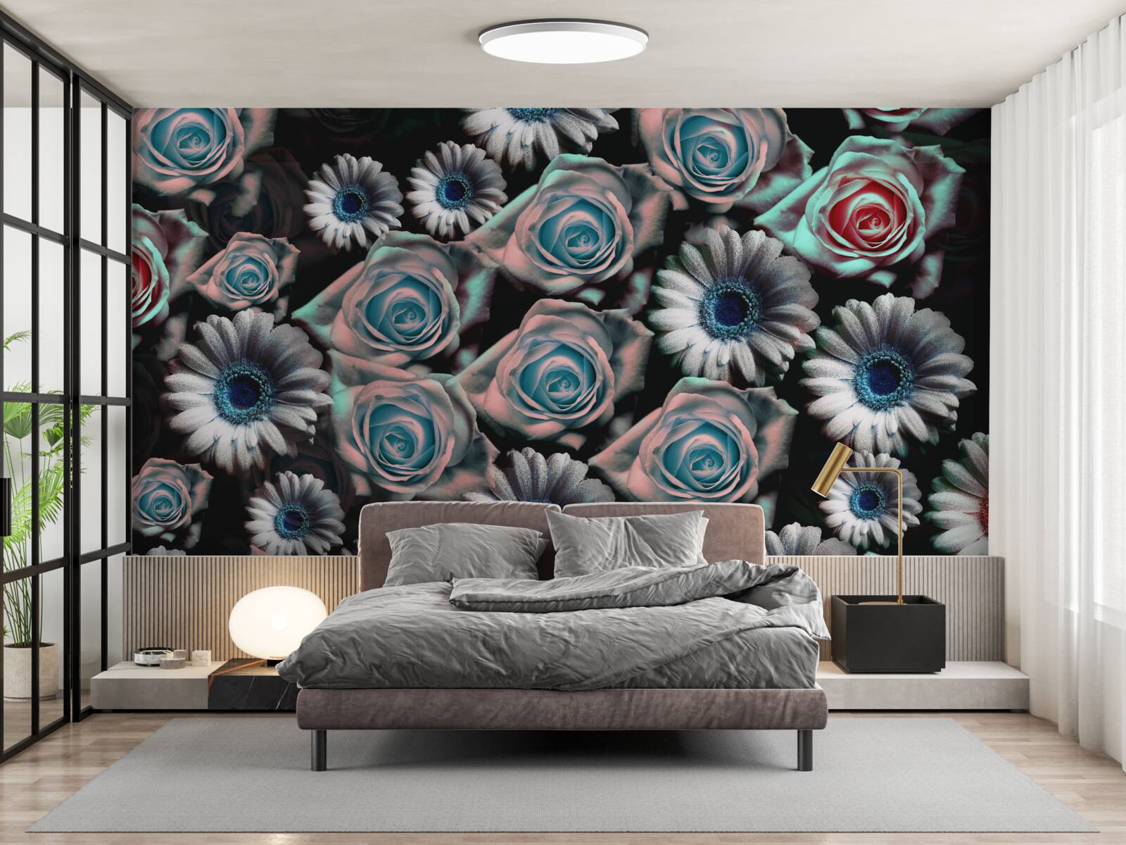 Fototapeta gerbery i róże na czarnym tle