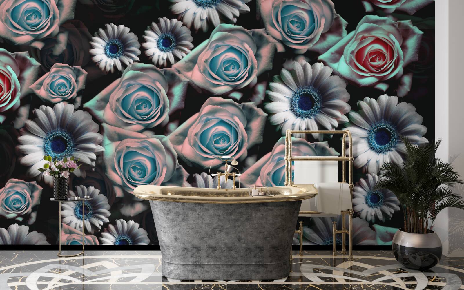 Fototapeta gerbery i róże na czarnym tle