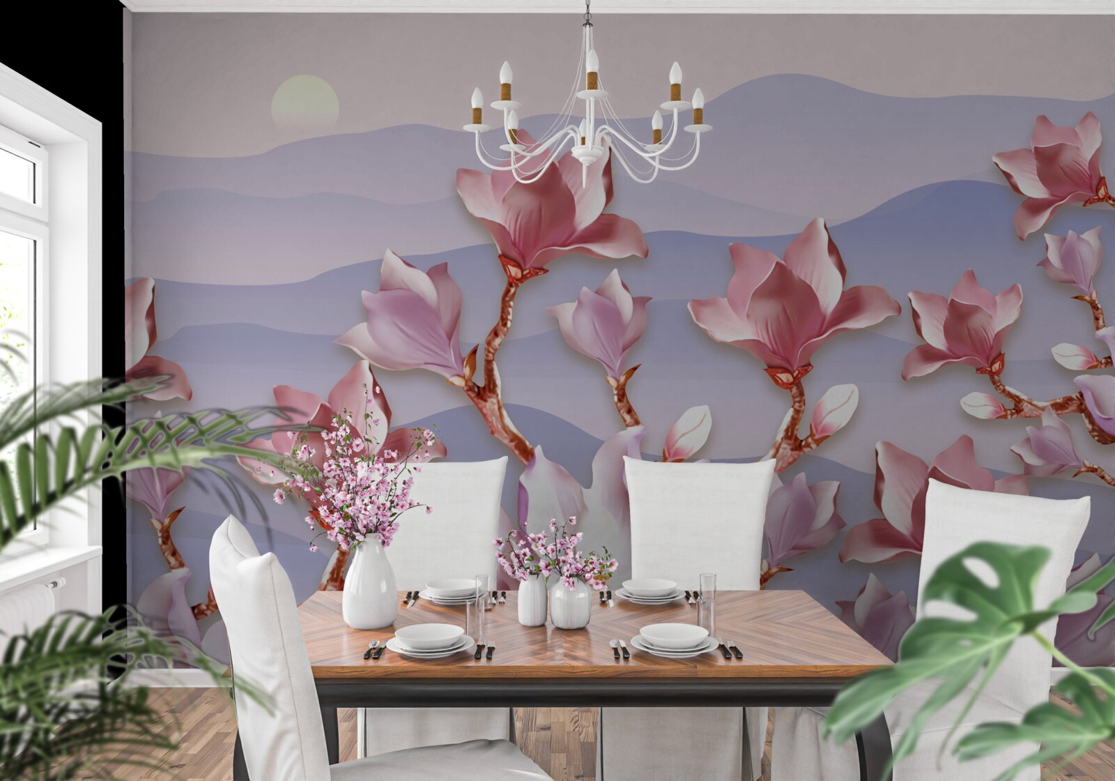 Fototapeta pąki magnolii różowe na tle świtu wymarłego dnia