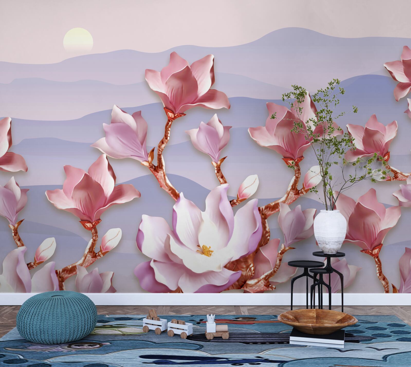 Fototapeta pąki magnolii różowe na tle świtu wymarłego dnia