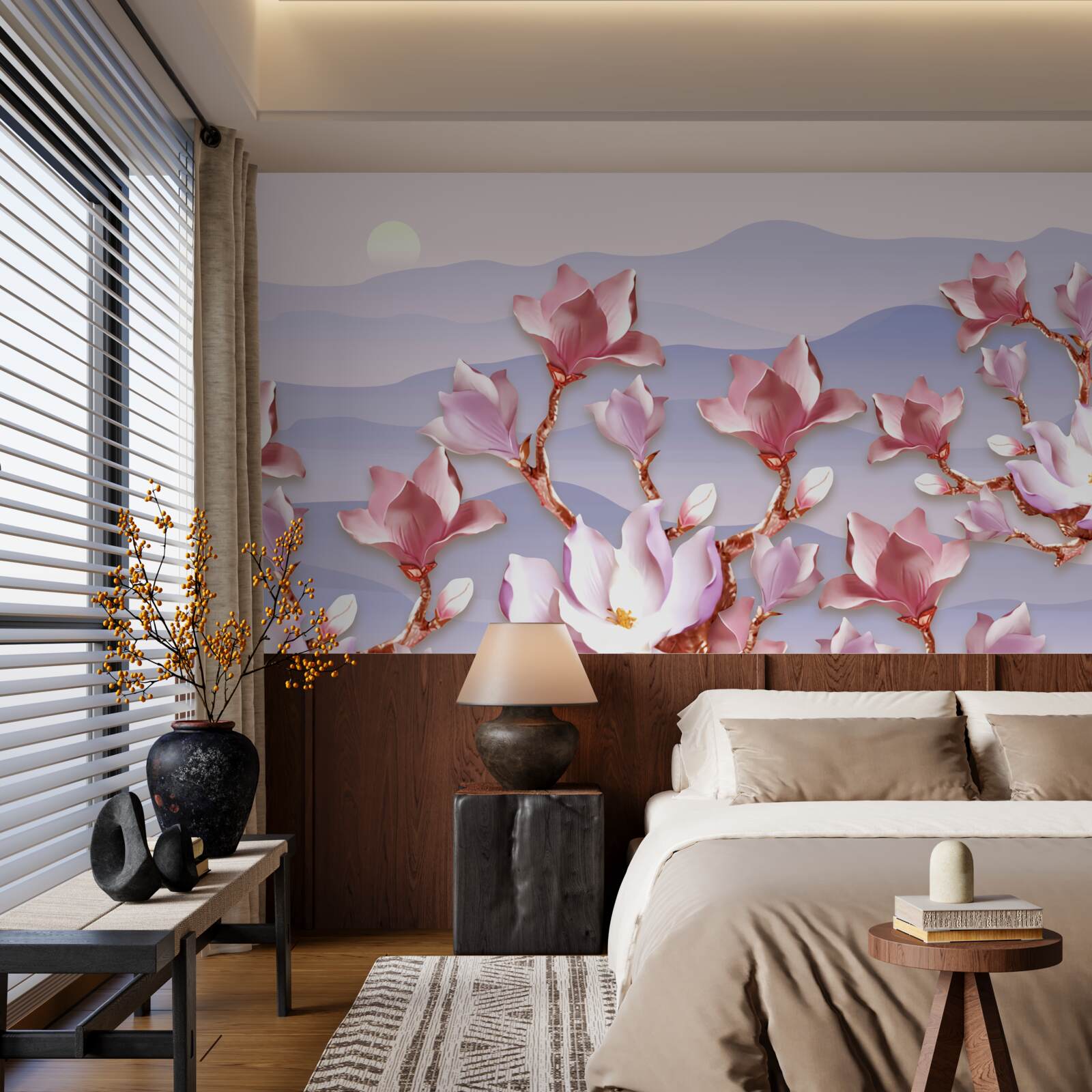 Fototapeta pąki magnolii różowe na tle świtu wymarłego dnia