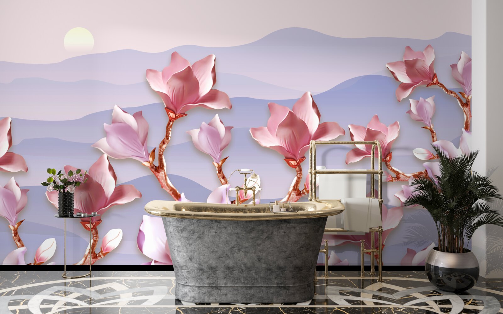 Fototapeta pąki magnolii różowe na tle świtu wymarłego dnia