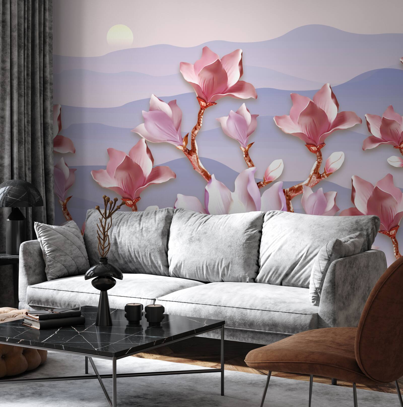 Fototapeta pąki magnolii różowe na tle świtu wymarłego dnia