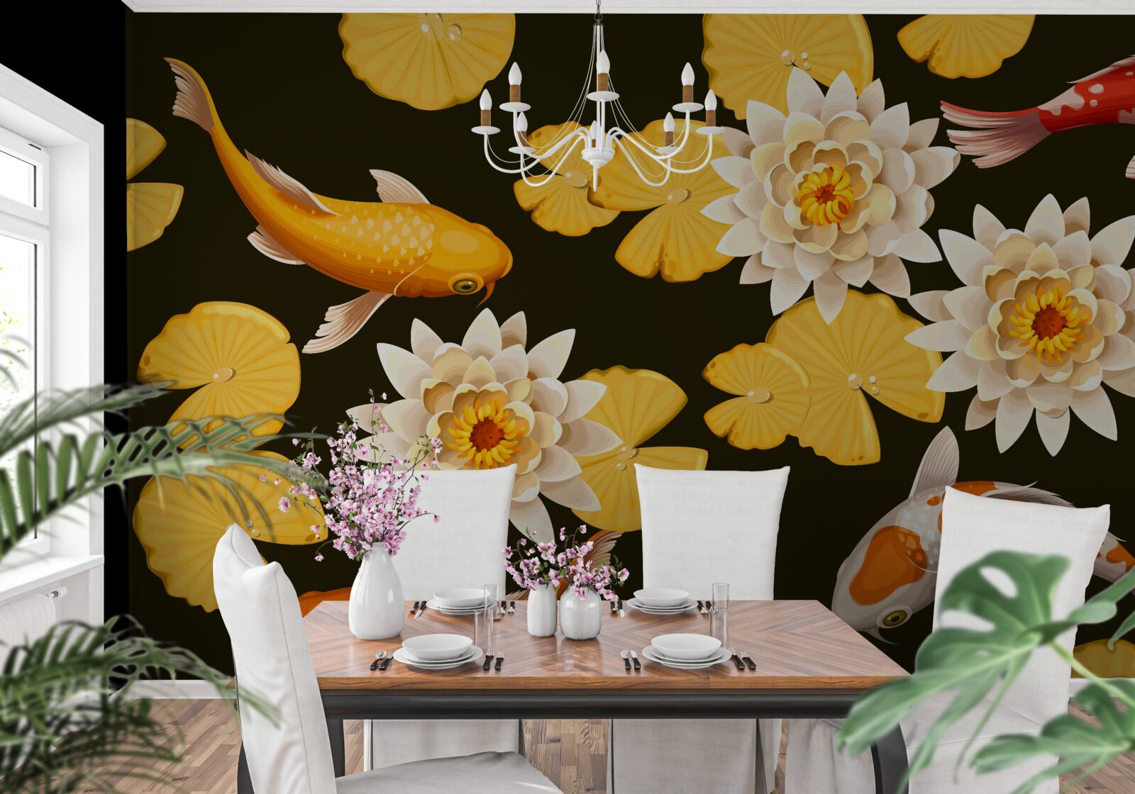 Fototapeta jesienne jezioro ozdobione jest kwitnącym lotosem