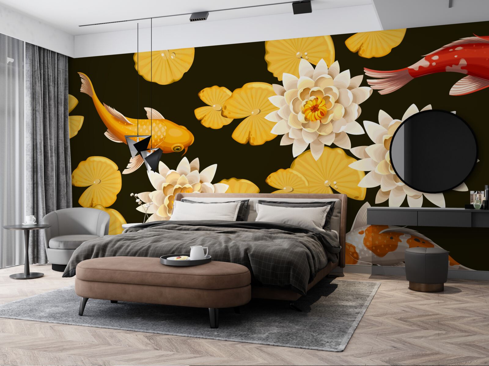 Fototapeta jesienne jezioro ozdobione jest kwitnącym lotosem