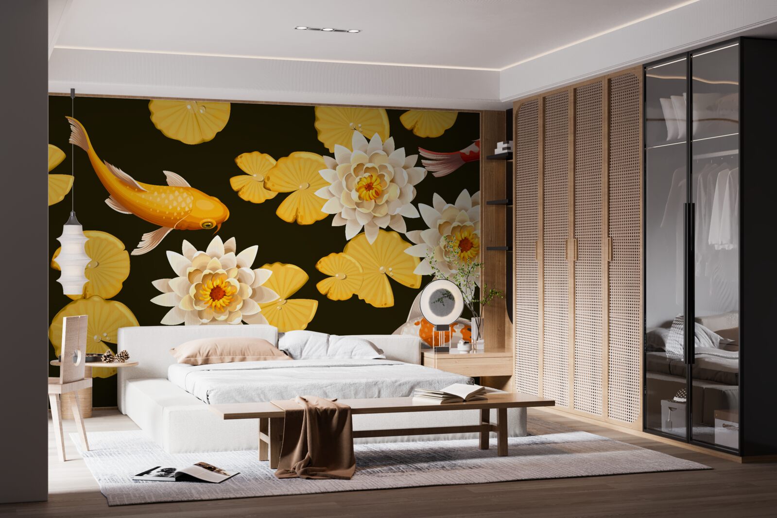 Fototapeta jesienne jezioro ozdobione jest kwitnącym lotosem