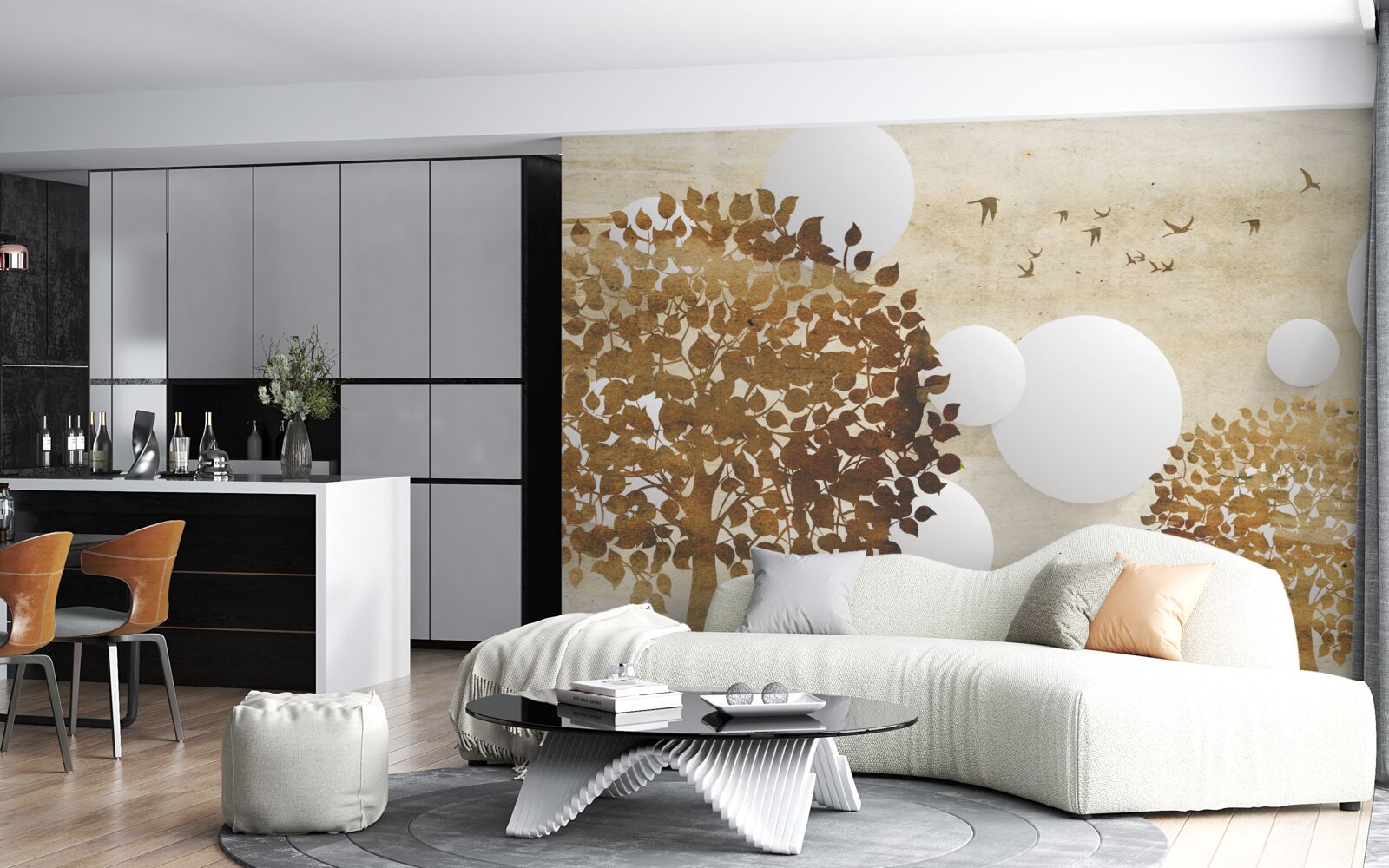 Fototapeta białe kółka i drzewa w jesiennym zachodzie słońca