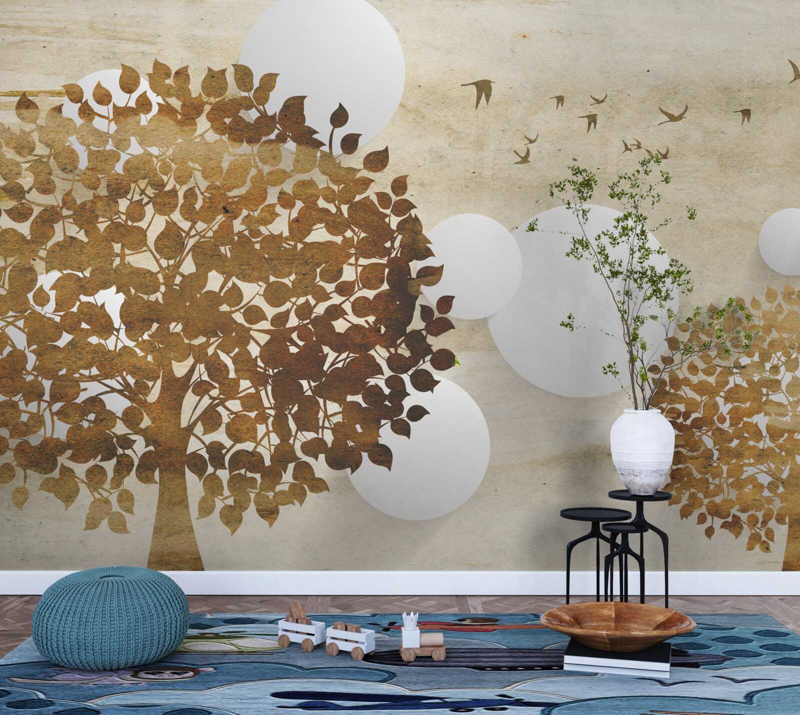 Fototapeta białe kółka i drzewa w jesiennym zachodzie słońca