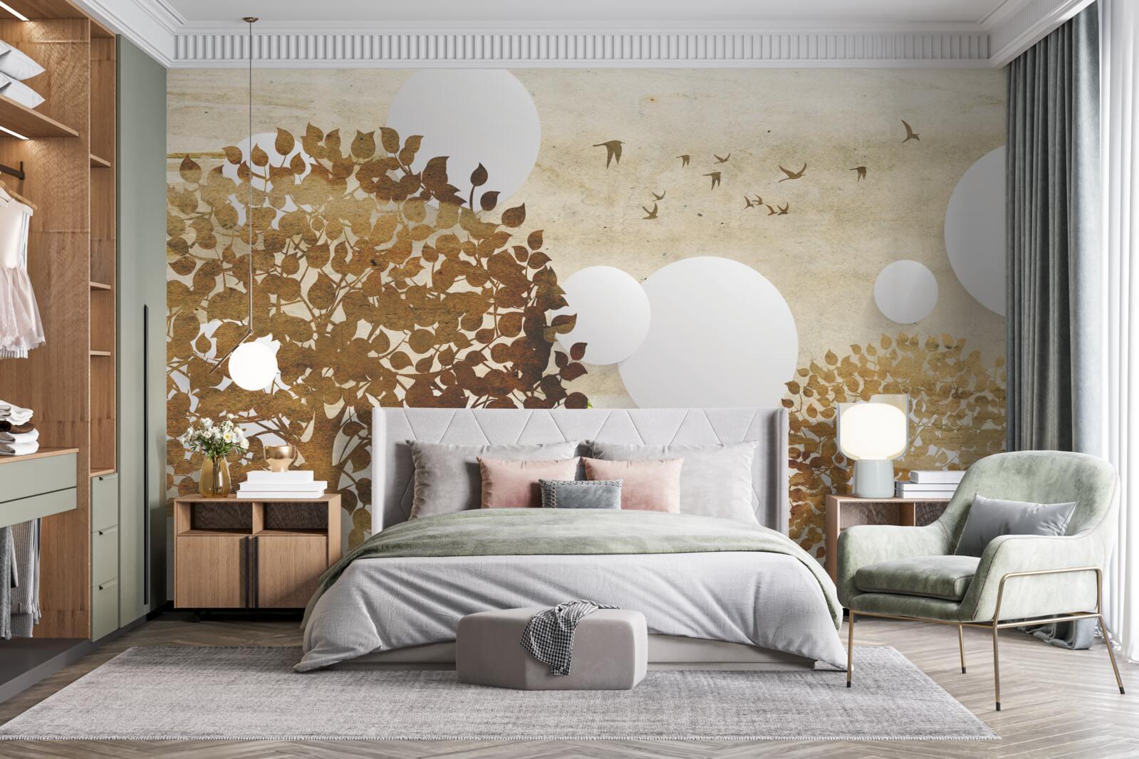 Fototapeta białe kółka i drzewa w jesiennym zachodzie słońca