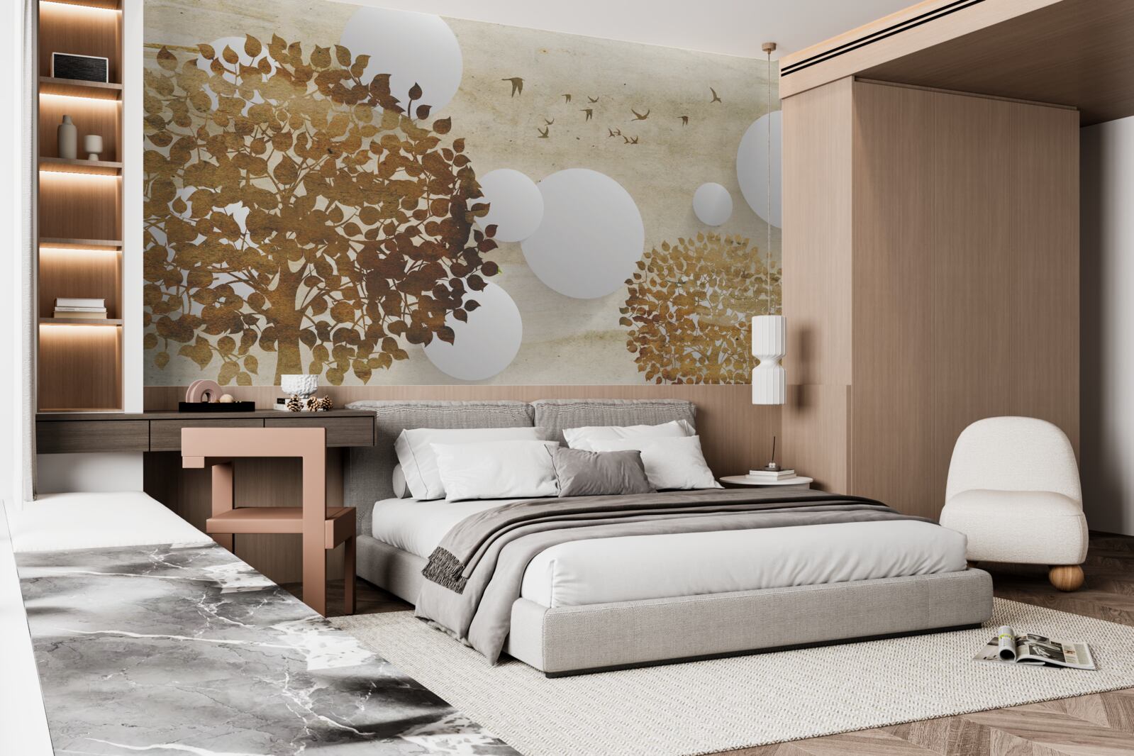 Fototapeta białe kółka i drzewa w jesiennym zachodzie słońca