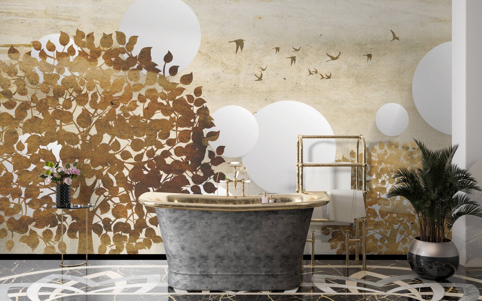 Fototapeta białe kółka i drzewa w jesiennym zachodzie słońca